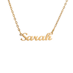 A gold-plated custom name necklace with the name 'Sarah' engraved on a chain.