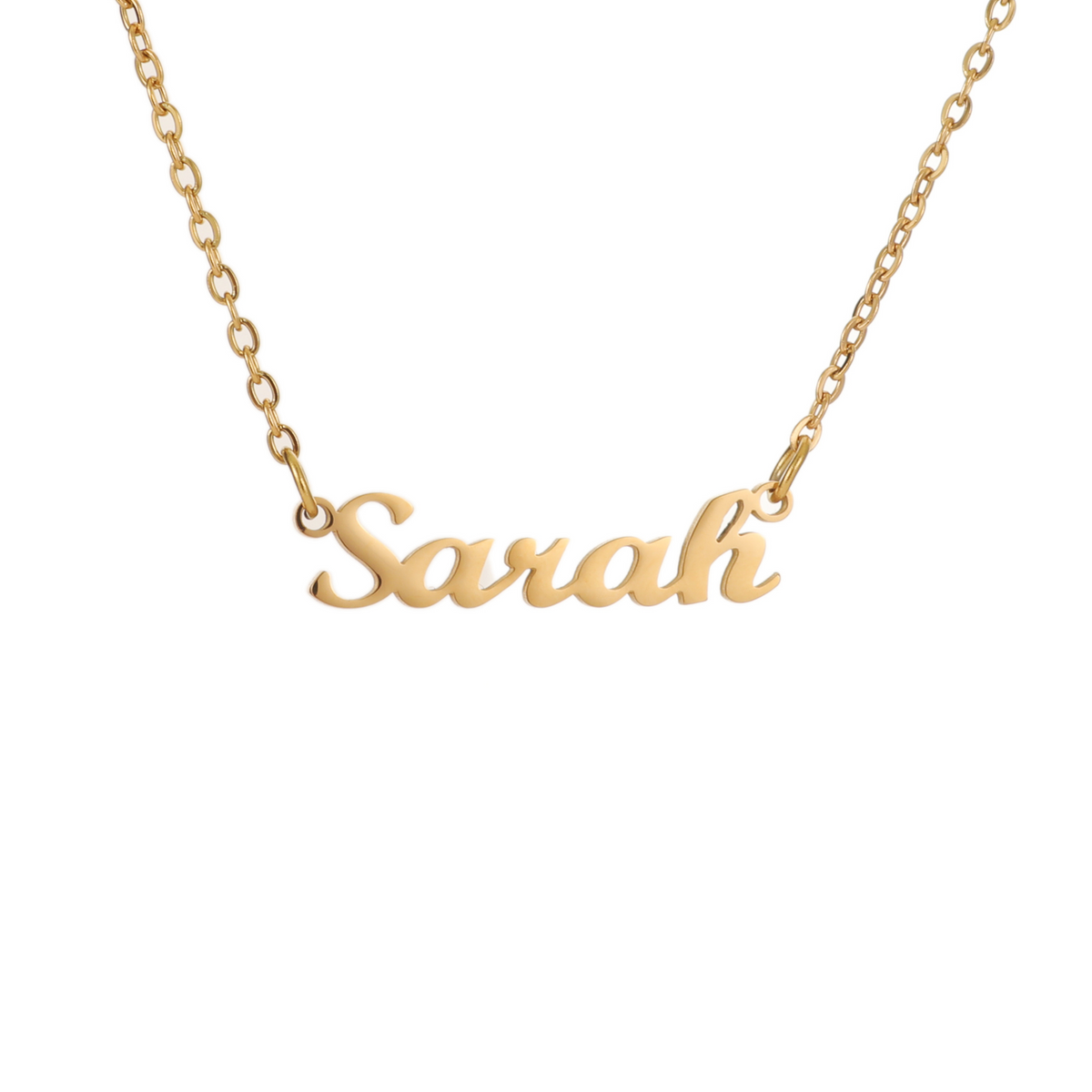 A gold-plated custom name necklace with the name 'Sarah' engraved on a chain.