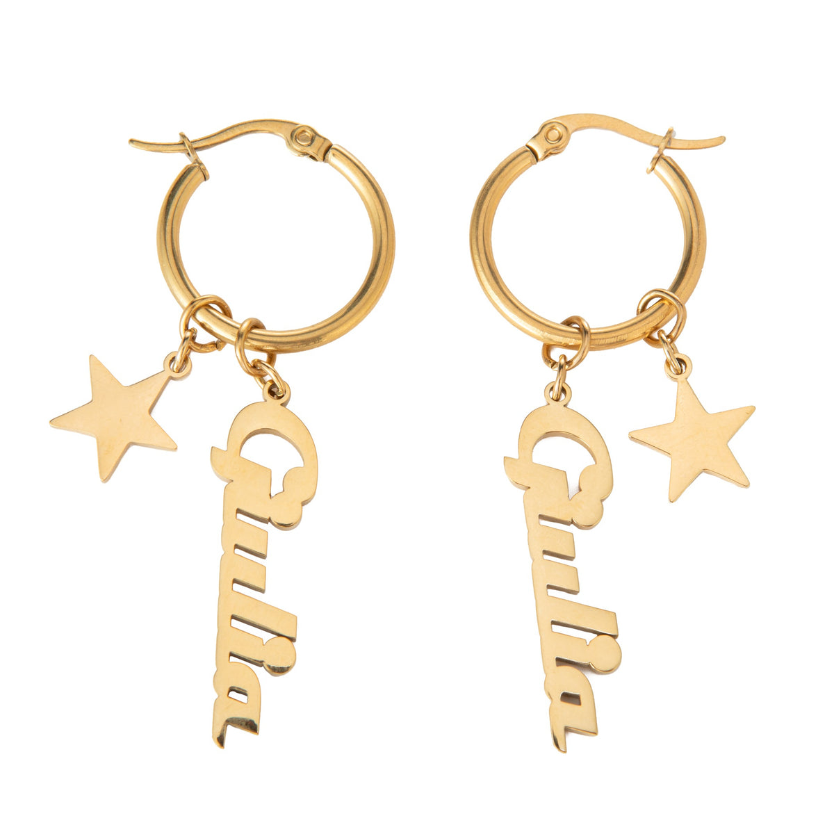 Gold hoop earrings with star and key charms on a white background