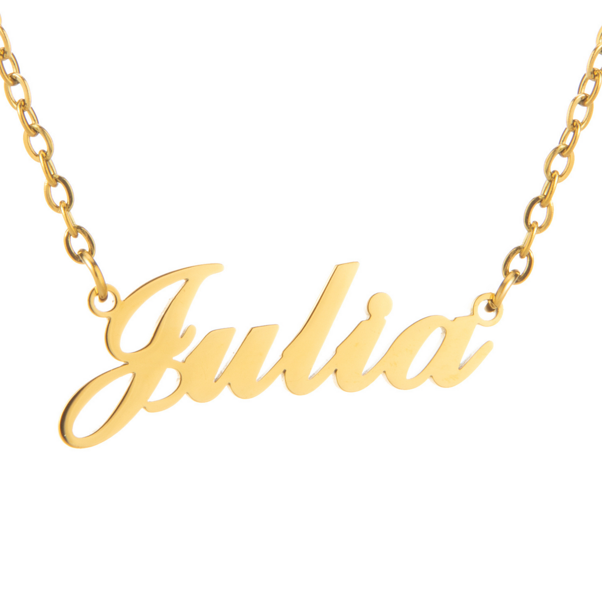 Gold necklace with 'Julia' pendant on a white background