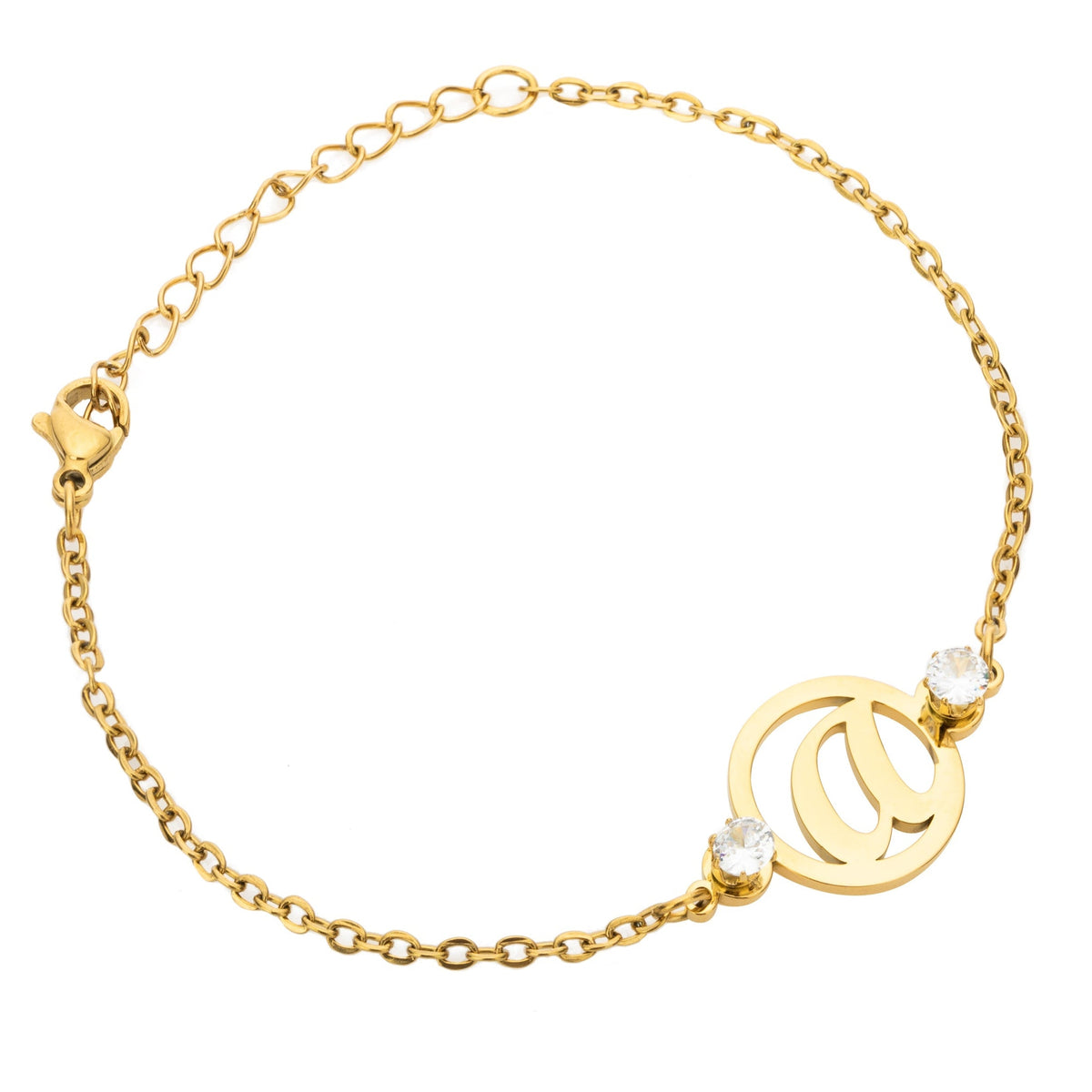 A gold-toned bracelet with two round charms and a personalized initial in the center, complemented by clear fancy stones.