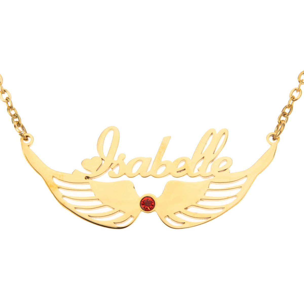 A personalized necklace with the name 'Isabelle' written in cursive, accompanied by angel wings and a small heart, set against a white background.