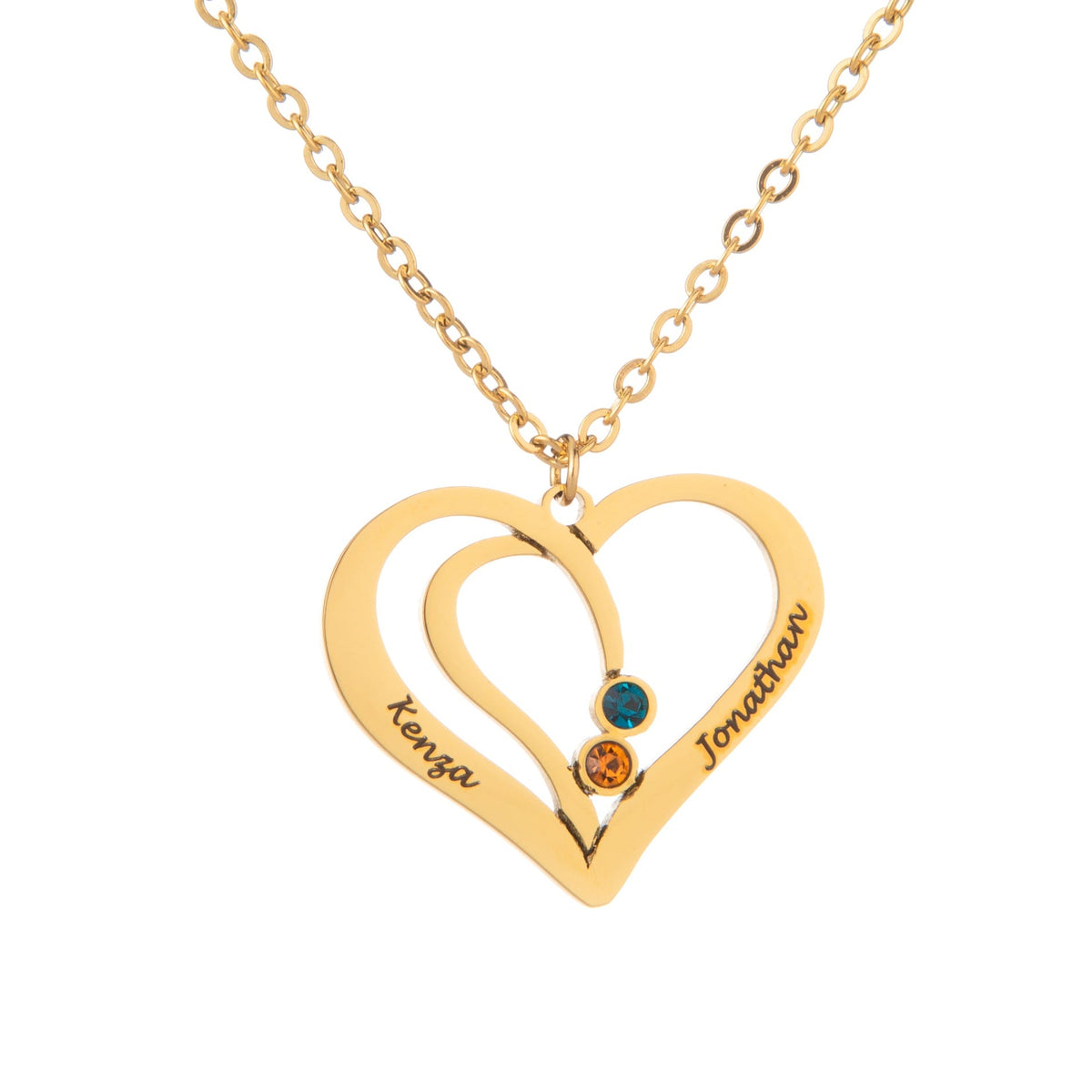 A gold-plated necklace with an intertwined hearts pendant, featuring two engraved names and a small birthstone on one of the hearts.
