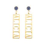 A pair of gold-toned rectangle drop earrings with blue accents on the hooks, featuring custom text on the earrings.