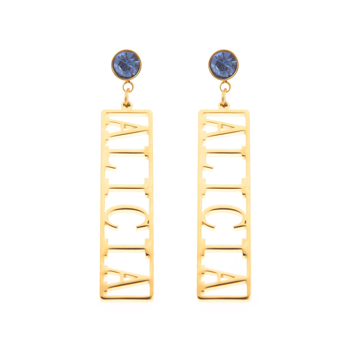 A pair of gold-toned rectangle drop earrings with blue accents on the hooks, featuring custom text on the earrings.