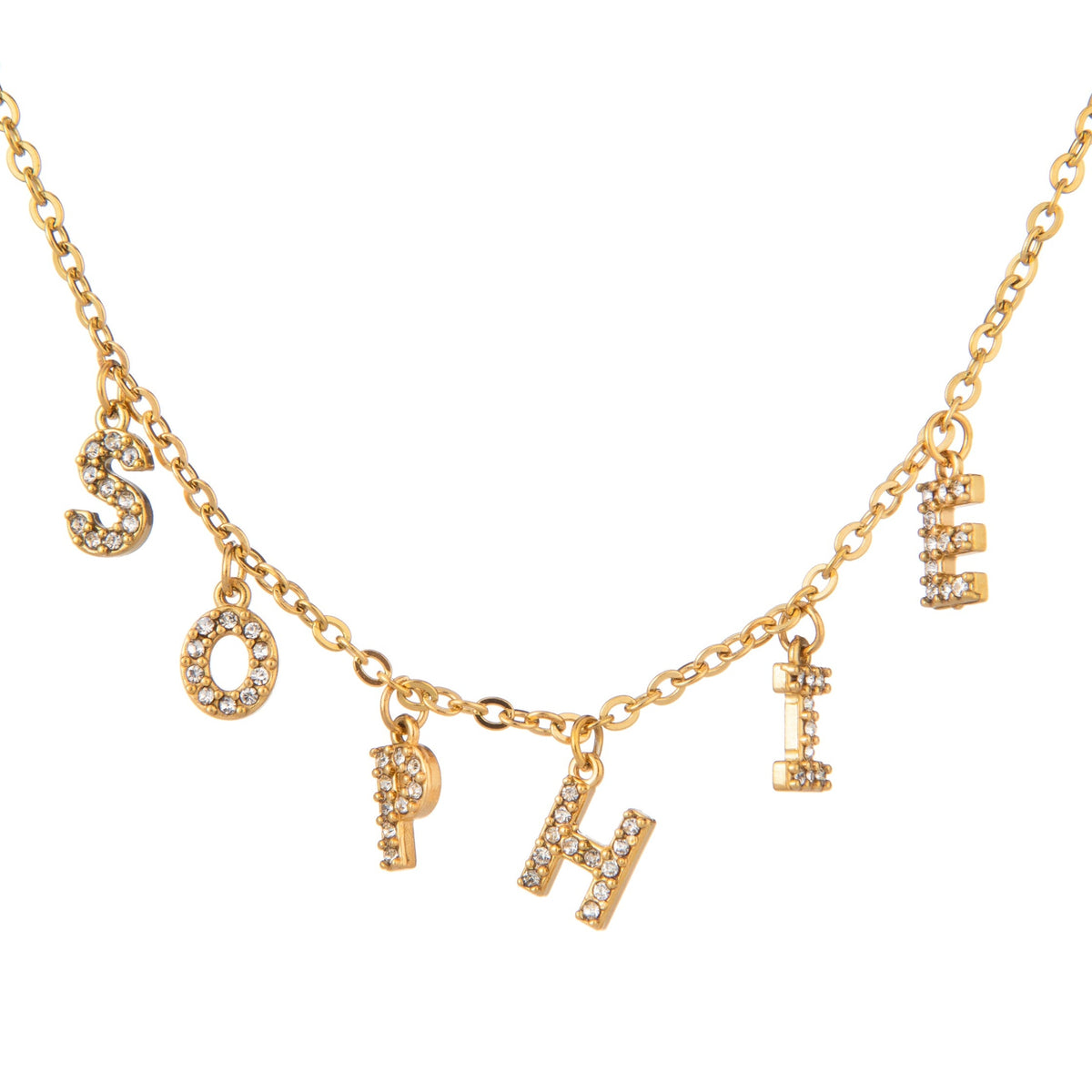 A gold-plated necklace with crystal letter charms spelling out the name SOPHIE in all caps.