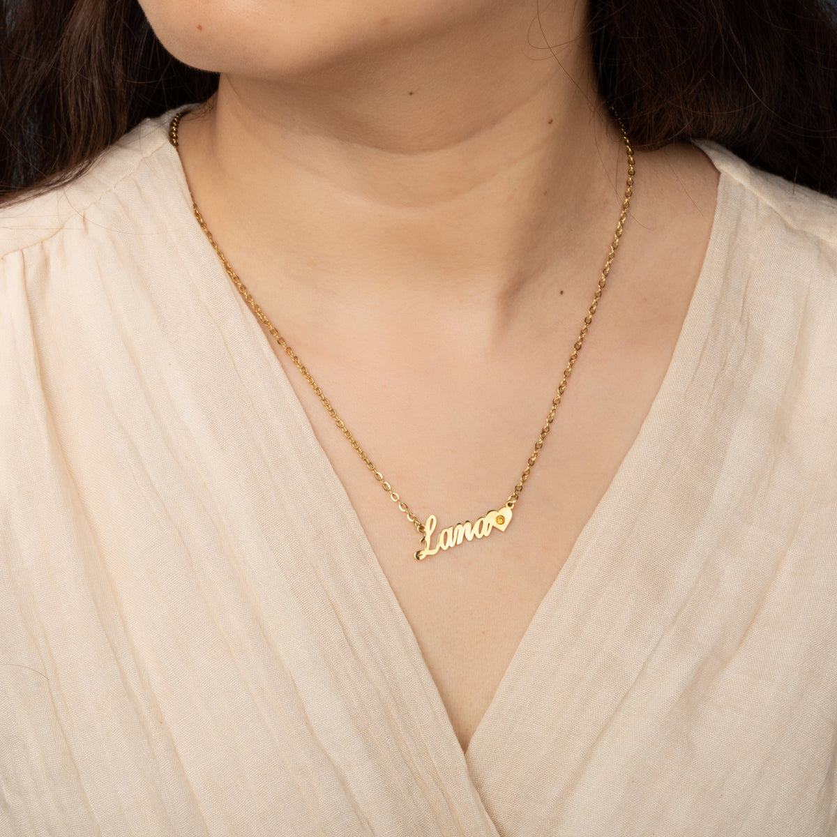 Personalised Name Necklace with Heart & Birthstone