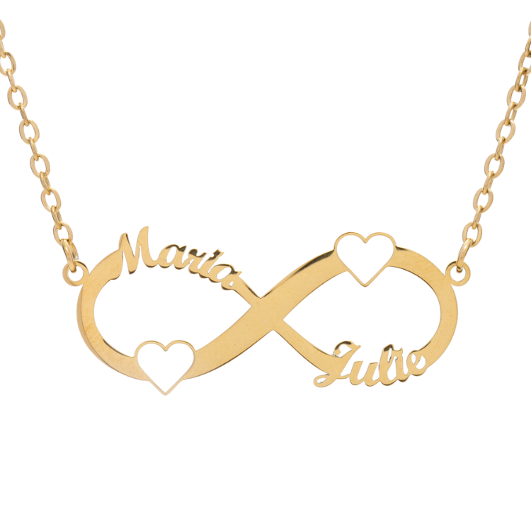 A gold-colored necklace with a double heart infinity symbol, with the names 'Maria' and 'Julie' engraved on it.