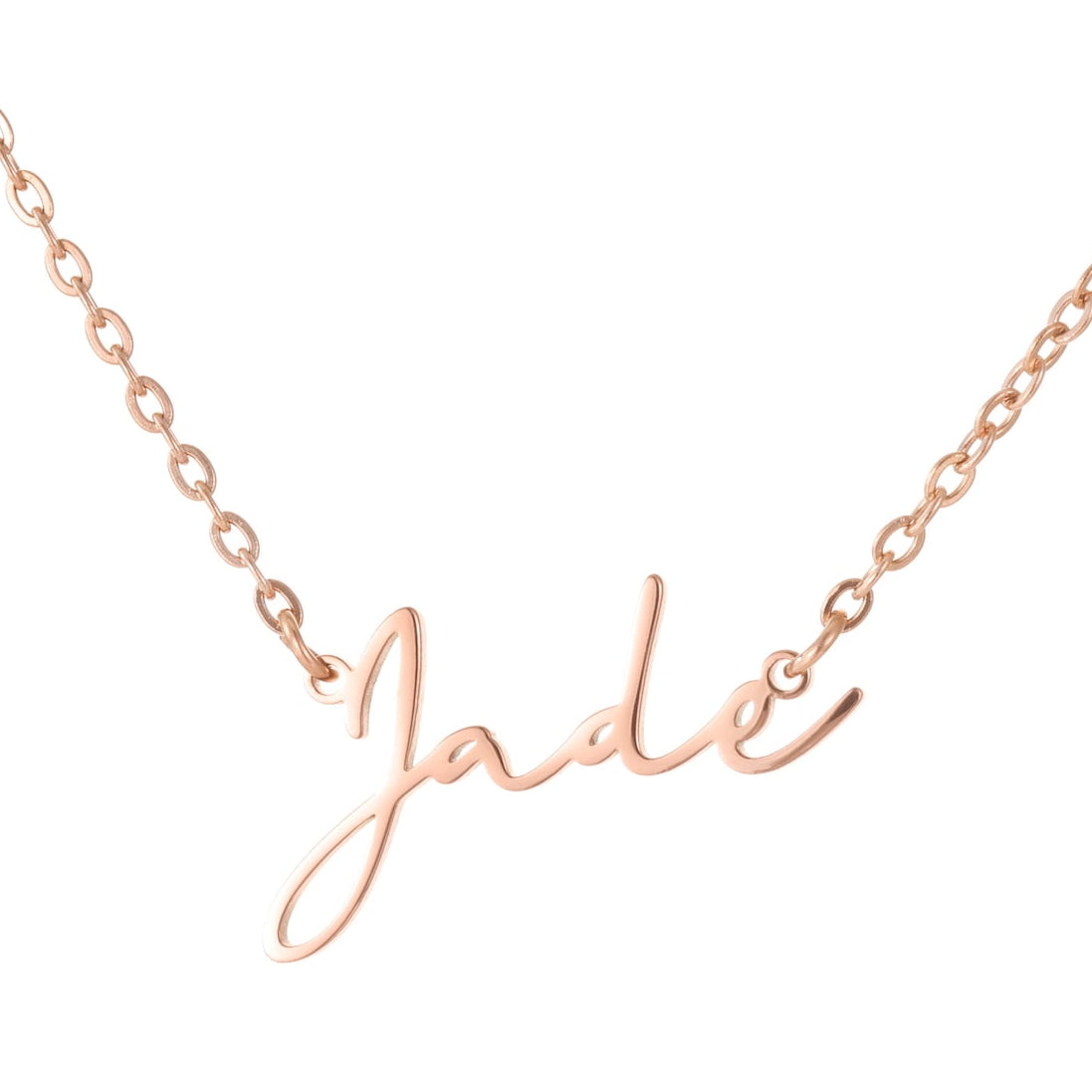 Rose gold necklace with 'Jade' pendant on a white background