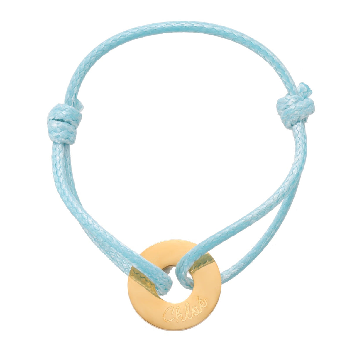 Light blue bracelet with a gold circular charm on a white background
