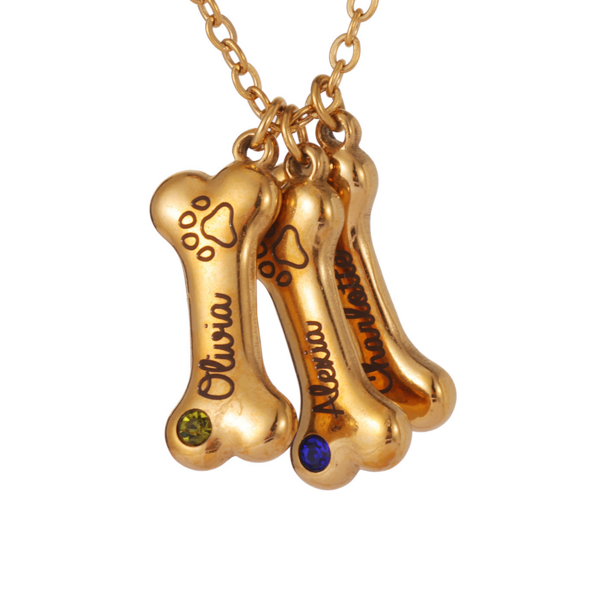 Gold necklace with bone-shaped pendants engraved with names on a white background