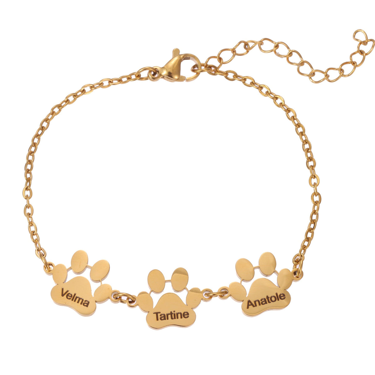 A gold-colored bracelet with engraved paw prints and the names 'Anna', 'Lena', and 'Tino' on a chain structure.