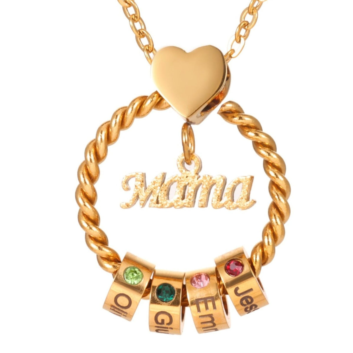 Gold necklace with heart pendant and name charms on a white background