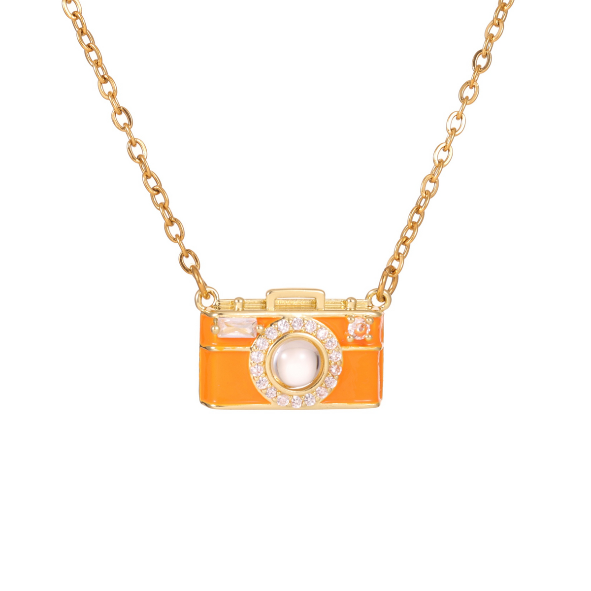 Camera-shaped pendant with a photo embeded inside on a gold chain against a white background