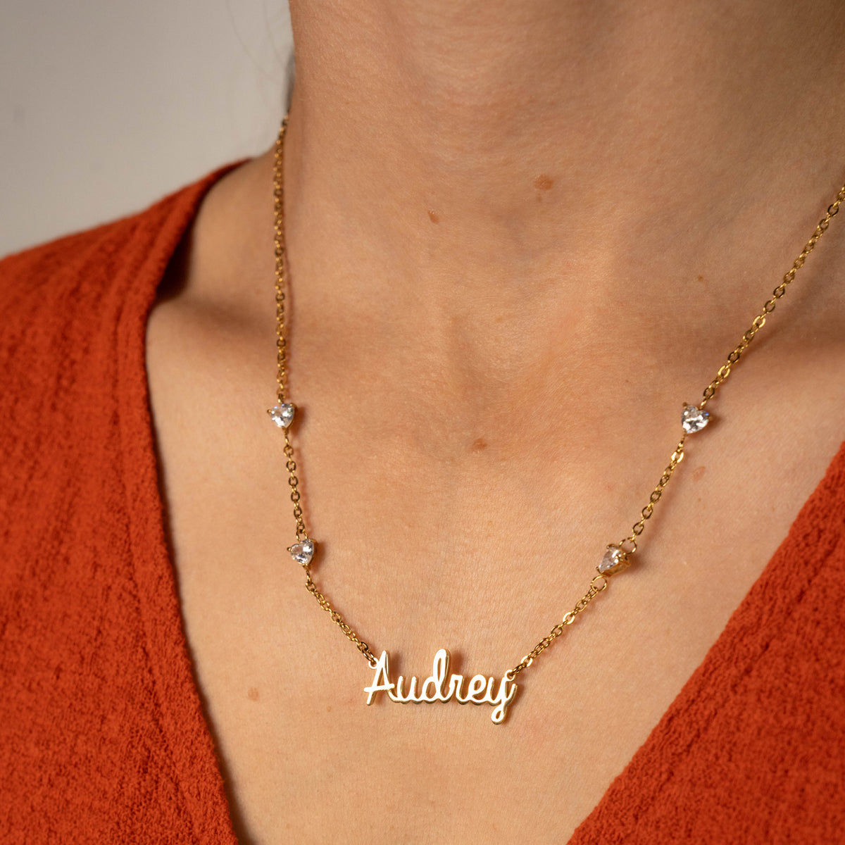 Personalised Name Necklace with 4 Crystal Hearts