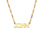 A gold-colored necklace with the name 'JOHN' written in bold, all-capital letters.