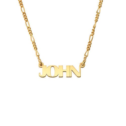 A gold-colored necklace with the name 'JOHN' written in bold, all-capital letters.