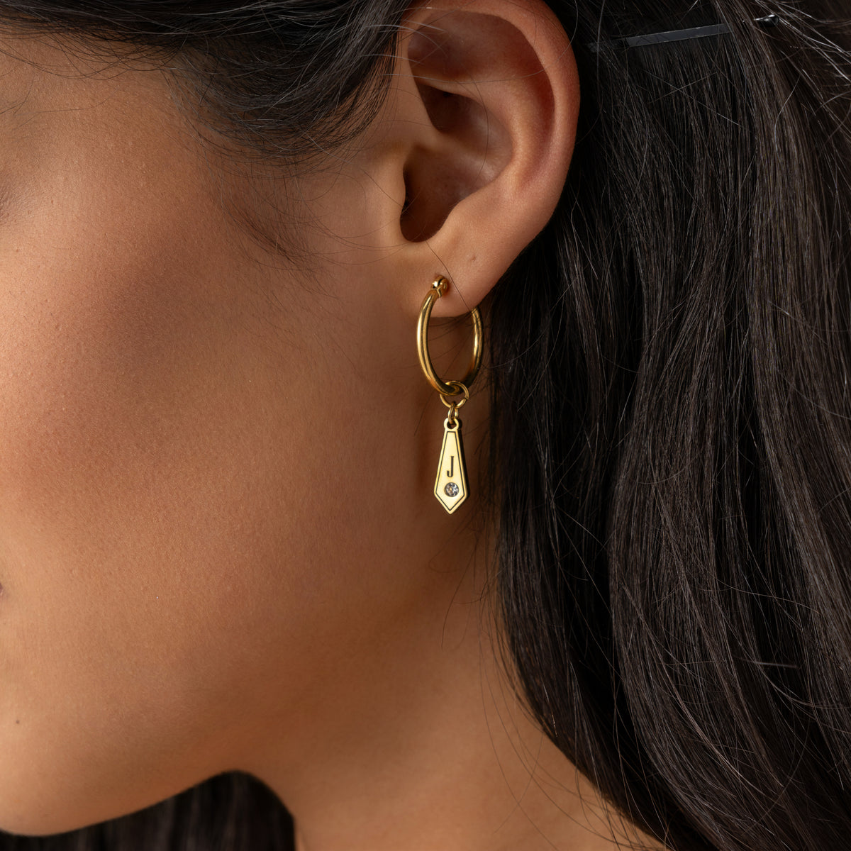 Personalised Hoop Earrings with Diamond-Shaped Pendant & Crystal