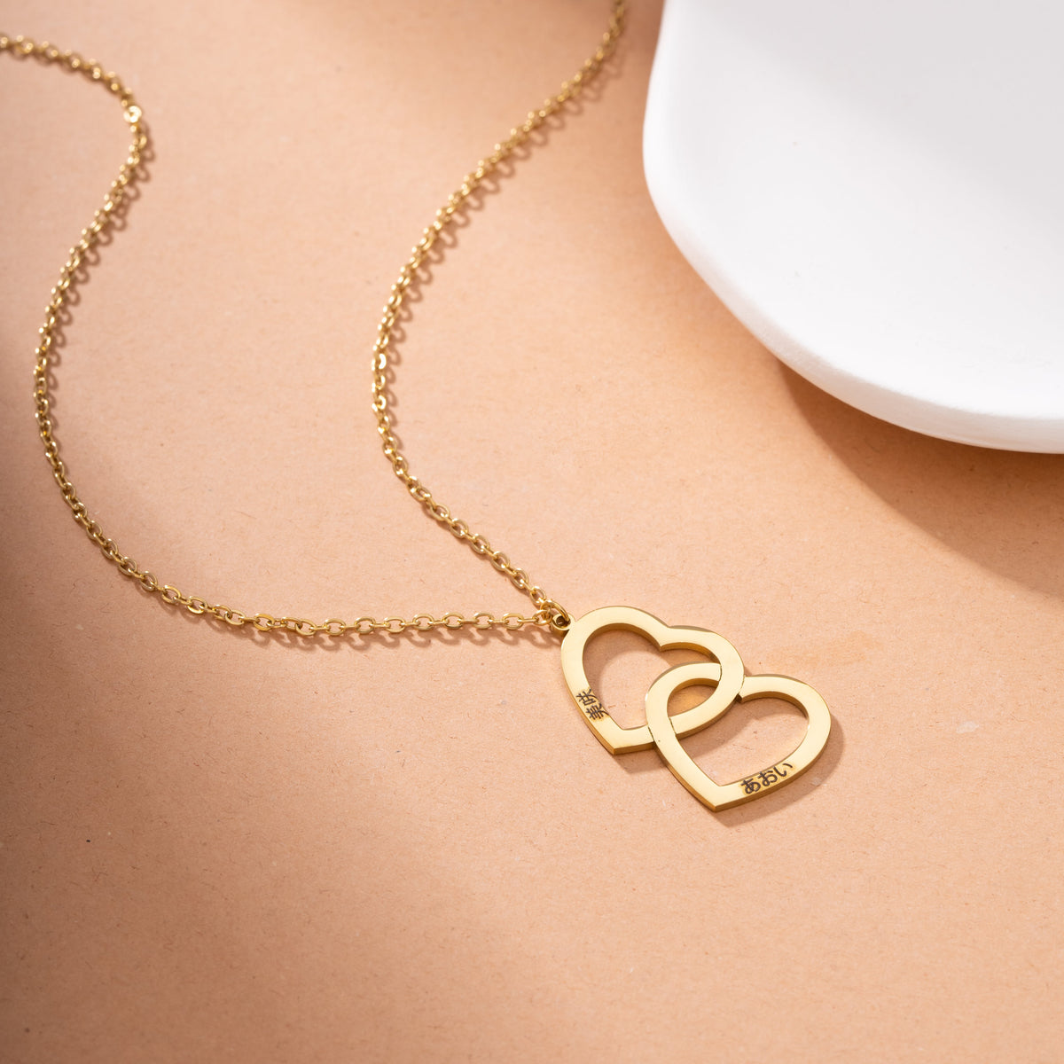 Japanese Personalised Double Heart Necklace with Two Names