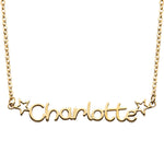 Gold necklace with 'Charlotte' inscription on a white background