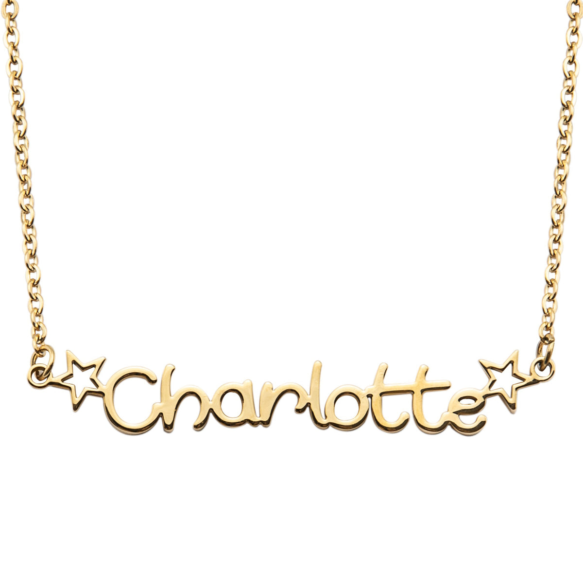 Gold necklace with 'Charlotte' inscription on a white background