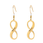 Gold infinity-shaped earrings with 'Amour' engraving on a white background