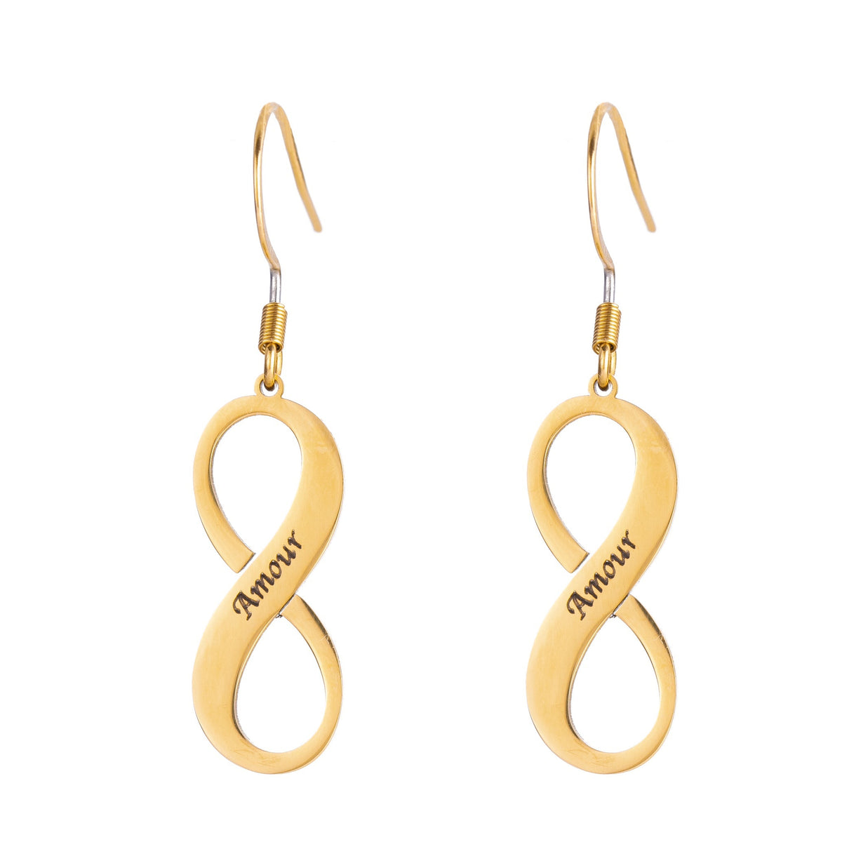 Gold infinity-shaped earrings with 'Amour' engraving on a white background
