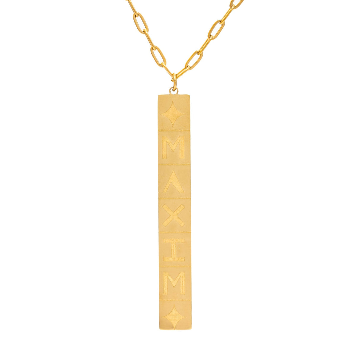 A gold-colored pendant necklace with a vertical bar design, suspended from a chain.
