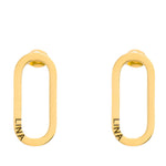 A pair of hoop earrings with an engraved name on the bottom oval part, displayed against a white background.
