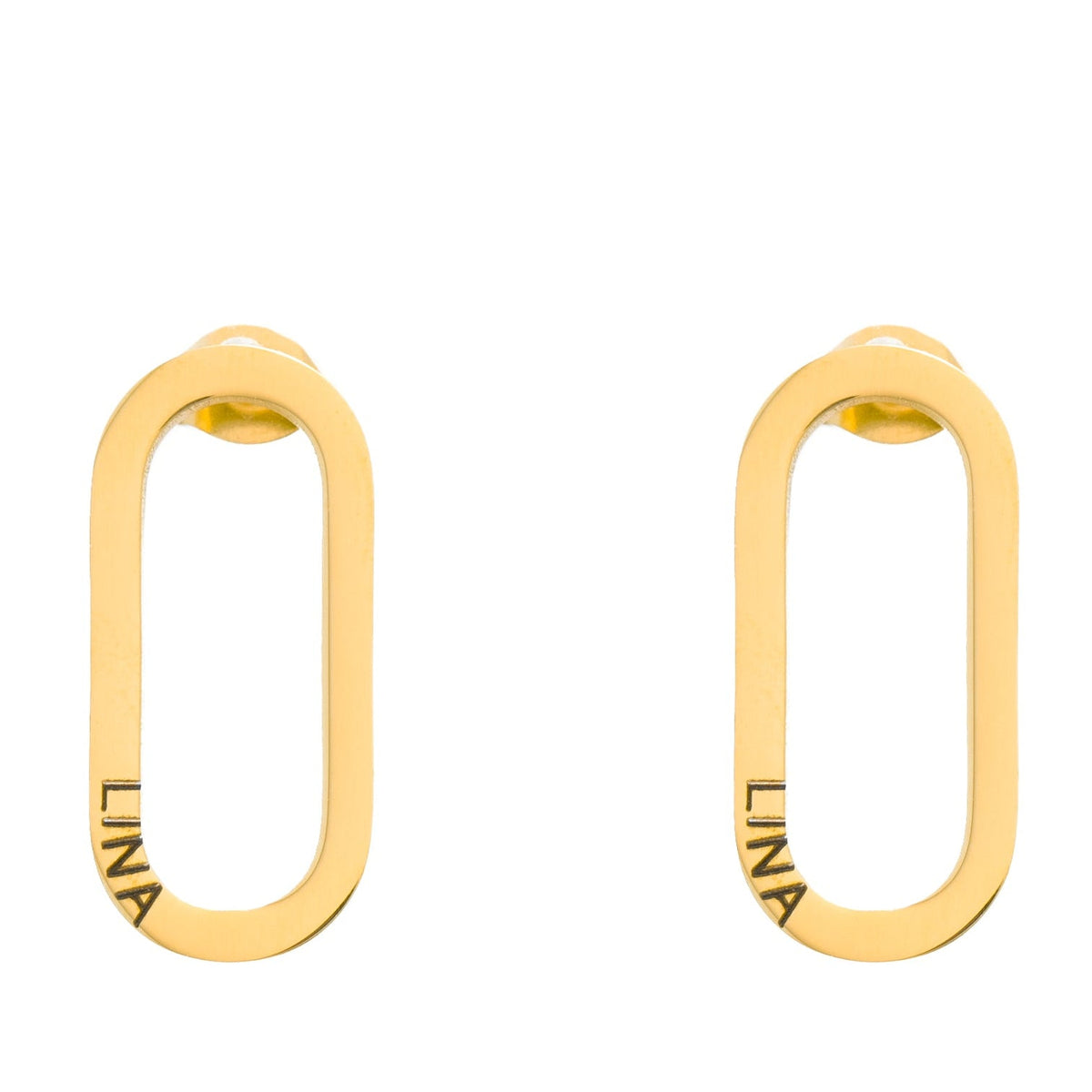 A pair of hoop earrings with an engraved name on the bottom oval part, displayed against a white background.