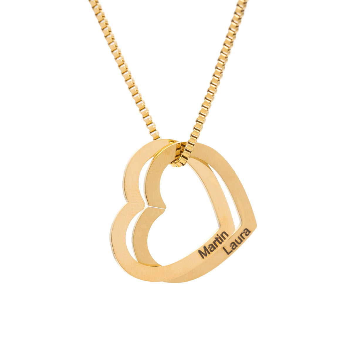 Gold heart-shaped necklace with two interlocking hearts with 'Martin Laura' engraving on a white background